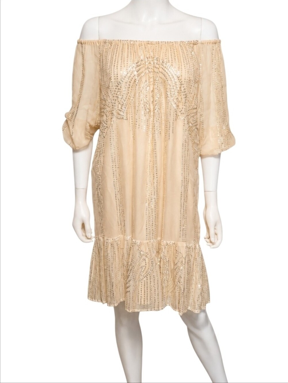 CAROLINA K | Beaded Sequin Mini Dress Size M Champagne Art Deco Gatsby Flapper